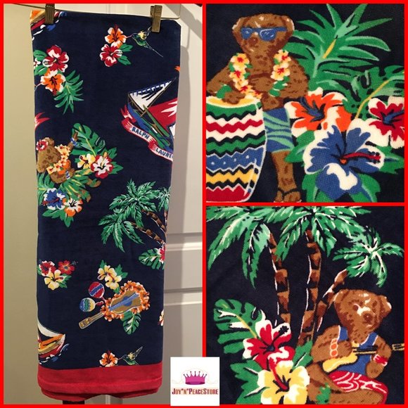 Ralph Lauren Polo Bear Hawaiian Tropical 100% Cotton Velour Bath Pool Swim Towel - Picture 1 of 7